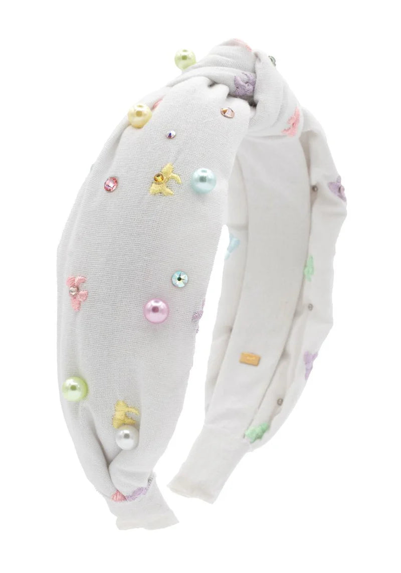Embroidered Bow & Pearl Linen Knot Headband