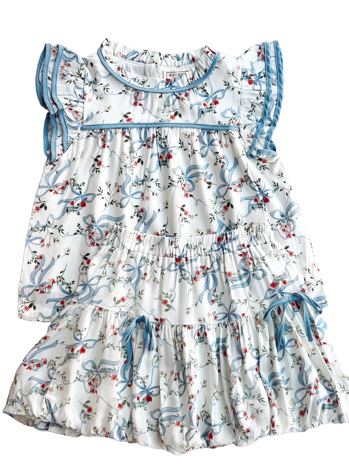 Girls Floral Ribbon Print Bow Trim Top