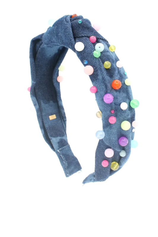 Multicolor Pearl Denim Knot Headband