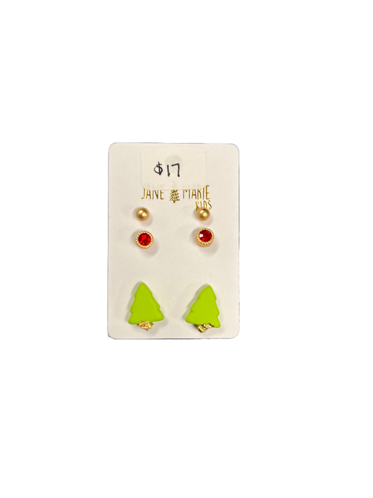 Kids 3 Stud Christmas Earrings- Christmas Trees