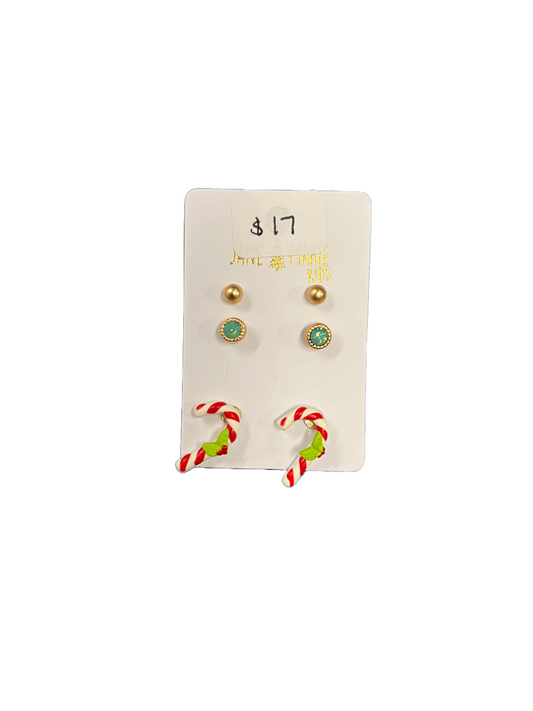 Kids 3 Stud Christmas Earrings- Candy Cane