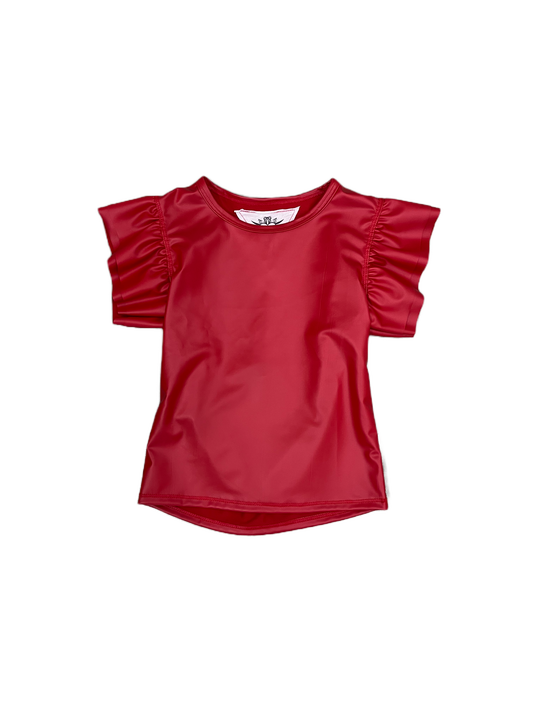 Red Pleather Ruffle SLV Top