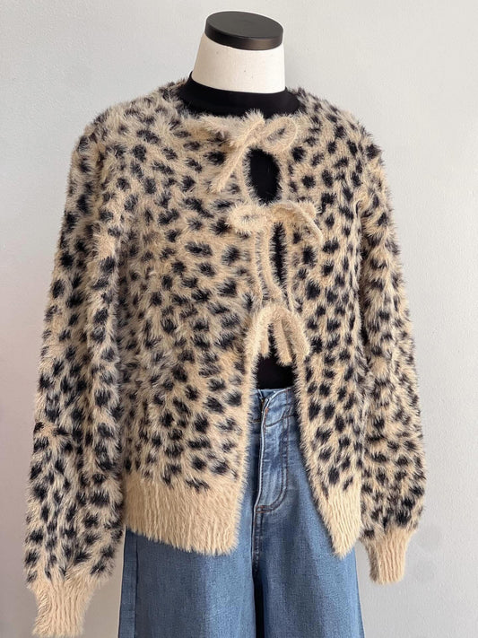 Fuzzy Cheetah Print Tie Cardigan