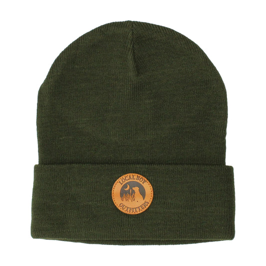 Olive Leather Patch Beanie