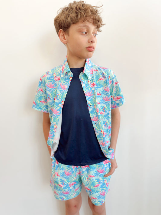 Boys Shordees Floral Flamingo Shirt