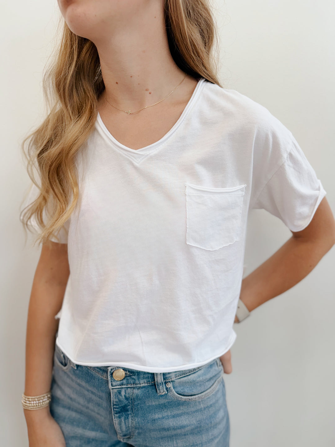 Rolled V-Neck Pocket Top