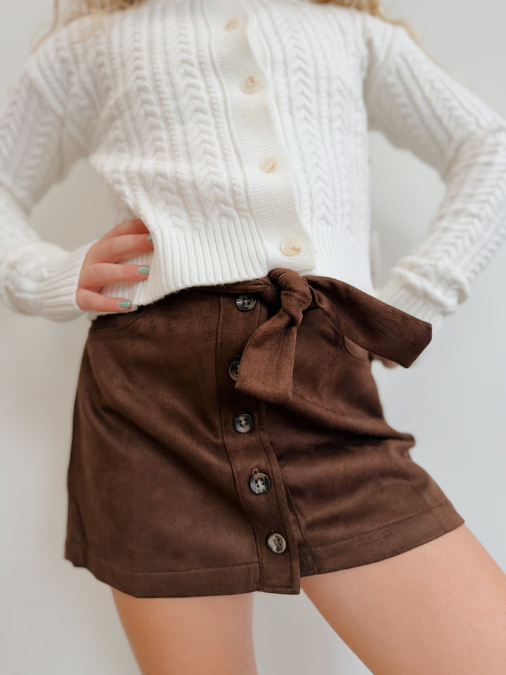 Suede Button Down Bow Skirt