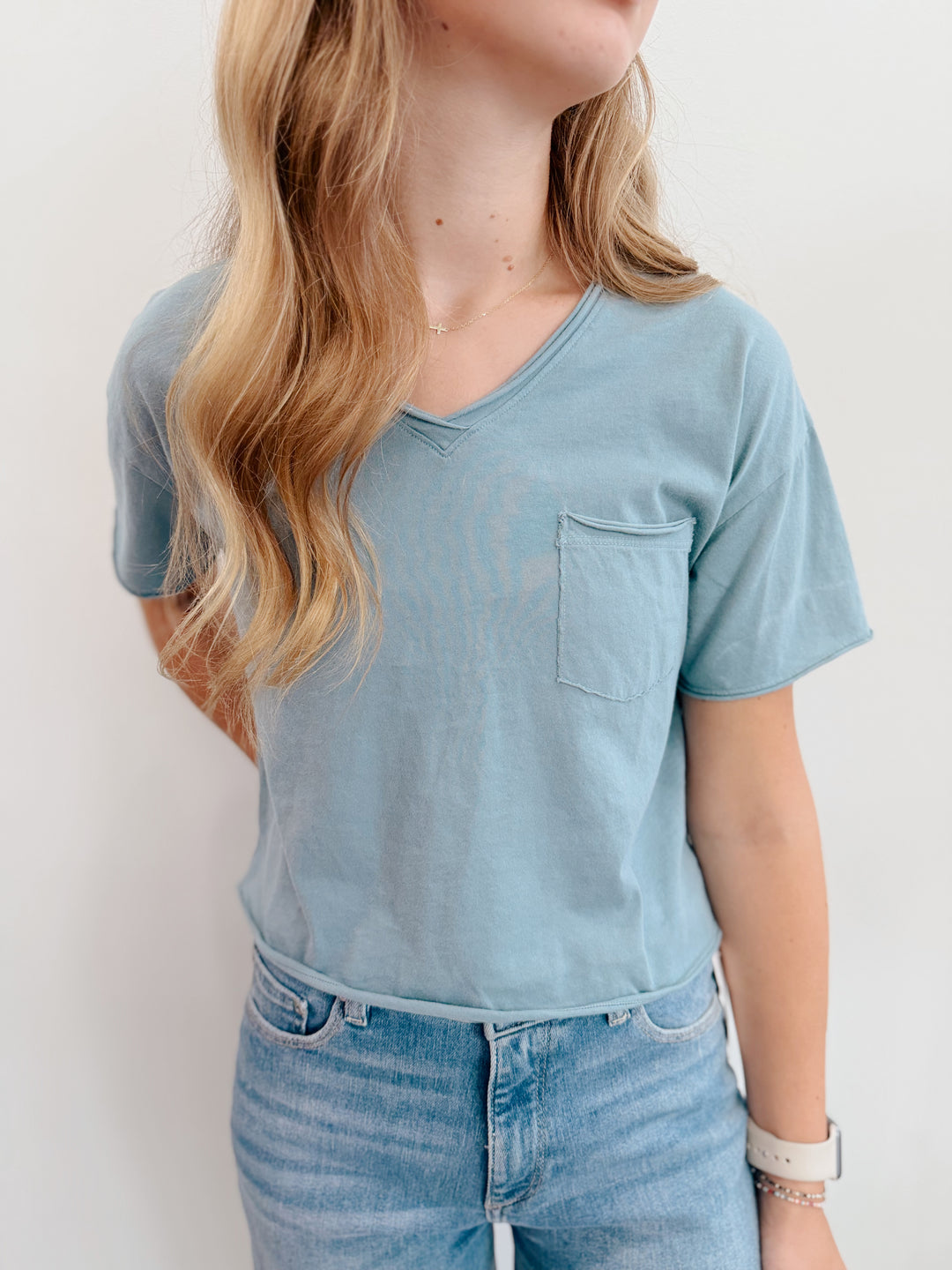 Rolled V-Neck Pocket Top