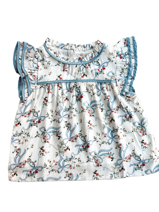 Girls Floral Ribbon Print Bow Trim Top